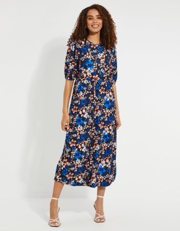 Threadbare Women's Blue Multi Floral Smock Jersey Dress