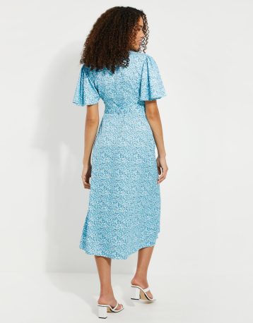 Threadbare Women's Blue White Floral Satin Wrap Dress