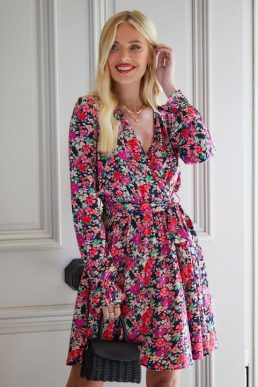 Threadbare Women's Floral Black Pink Print Mini Wrap Dress