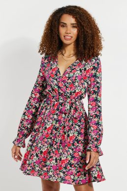 Threadbare Women's Floral Black Pink Print Mini Wrap Dress