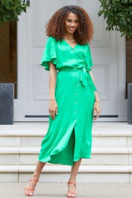 Threadbare Women's Green Satin Button Down Midi Dress