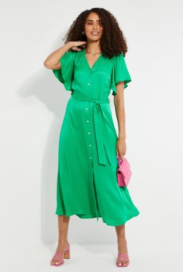 Threadbare Women's Green Satin Button Down Midi Dress
