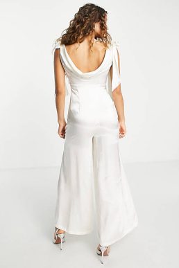 Topshop bridal bow tie shoulder palazzo satin jumpsuit in ivory
