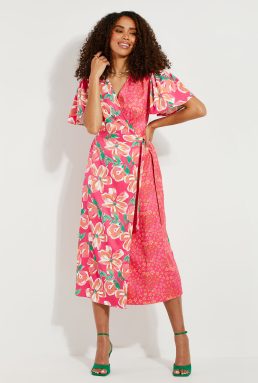 Threadbare Pink Floral Satin Wrap Dress Multi
