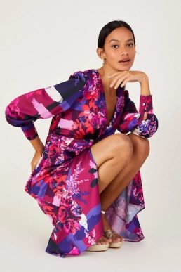 Monsoon Darcie satin print midi dress pink multi