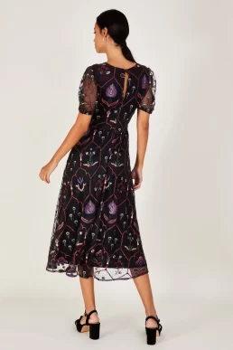 Monsoon Fenn embroidered midi dress in recycled polyester black