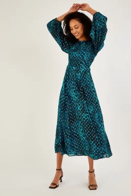 Monsoon Leonella animal print midi dress in sustainable teal
