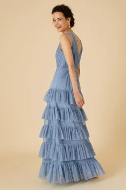 Monsoon Tilly tiered maxi bridesmaid dress in recycled blue