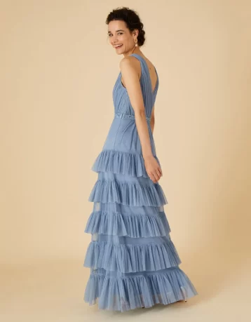Monsoon Tilly tiered maxi bridesmaid dress in recycled blue