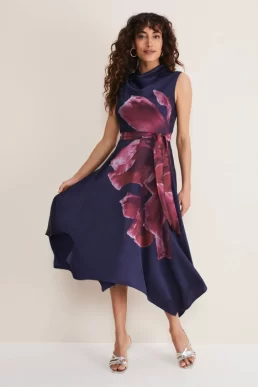 Phase Eight Alayna Floral Midi Dress Navy Blue Pink