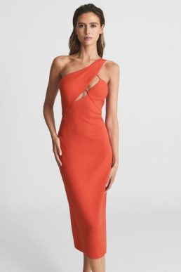Reiss Elodie One Shoulder Bodycon Midi Dress Orange
