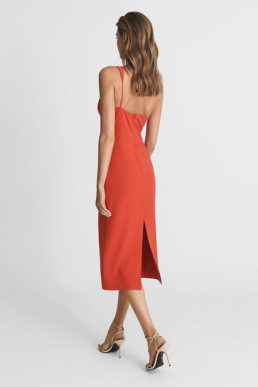 Reiss Elodie One Shoulder Bodycon Midi Dress Orange