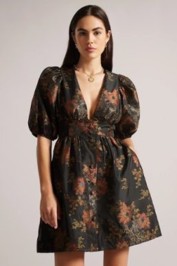Ted Baker Catalin Button Front Puff Balloon Sleeve Mini Dress Black Red