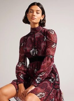 Ted Baker Coriey Ladder Trim Insert High Neck Dress Red Black White