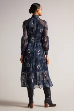 Ted Baker Deluna Ladder Trim Insert High Neck Dress Navy Blue