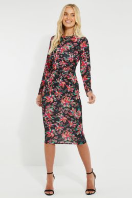 Threadbare Women's Black & Red Floral Ruched Midi Dress