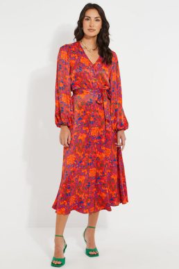 Threadbare Women's Red Satin Abstract Animal Print Midi Dress
