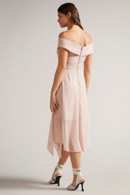 Ted Baker Edenio Bardot Midi Dress With Ruffle Skirt, Dusky Pink