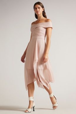 Ted Baker Edenio Bardot Midi Dress With Ruffle Skirt, Dusky Pink