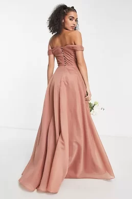 ASOS DESIGN Bridesmaid off shoulder maxi dress with full skirt and corset detail in rose