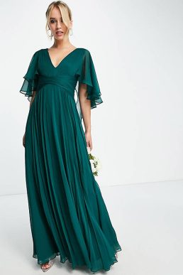 ASOS DESIGN Bridesmaid ruched bodice drape maxi dress with wrap waist and flutter cape sleeve in forest