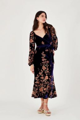 Monsoon Daphne devore velvet wrap dress blue multi