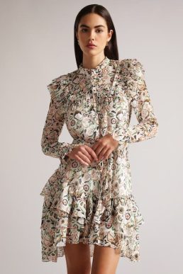 Ted Baker Aishia Ruffle Detail Mini Shirt Dress, Ivory/Multi