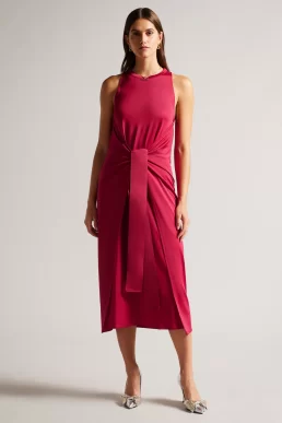 Ted Baker Joani Sleeveless Midi Dress With Tie Waist, Deep Pink