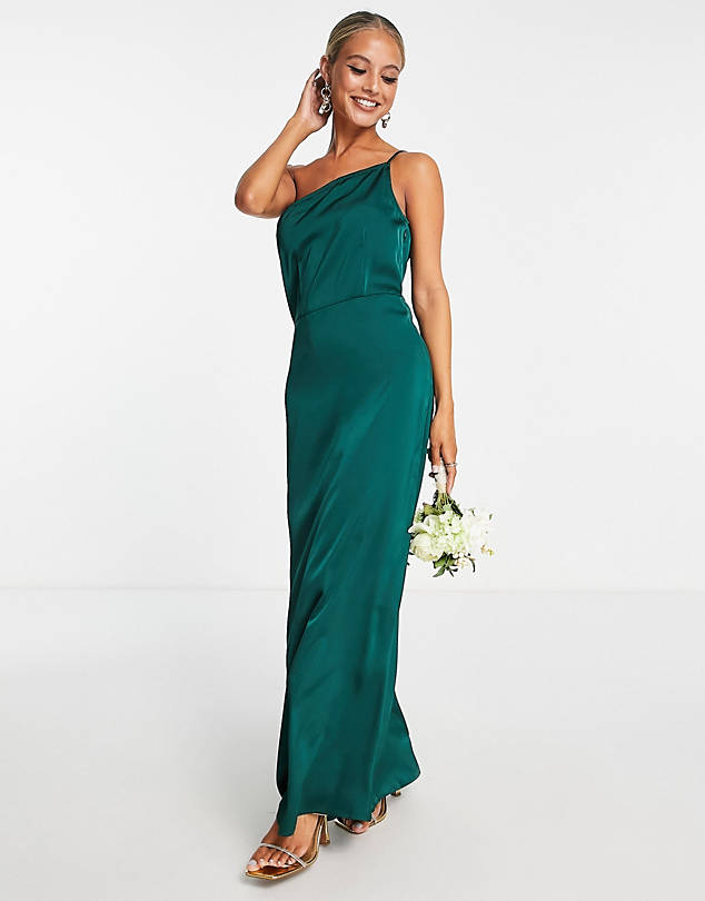 Vila Bridesmaid satin strappy one shoulder maxi dress in green