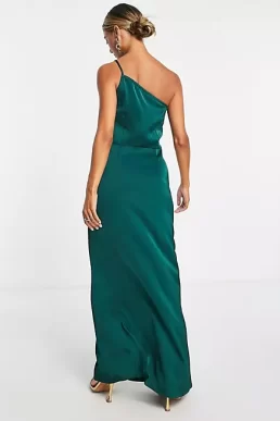 Vila Bridesmaid satin strappy one shoulder maxi dress in deep green