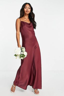 Y.A.S Bridesmaid satin cami midi dress in burgundy red