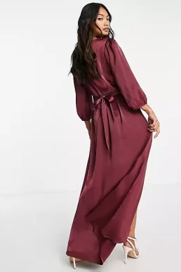 Y.A.S Bridesmaid satin wrap midi dress in burgundy red
