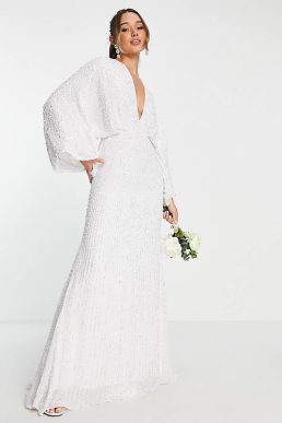 ASOS EDITION Ciara sequin kimono sleeve wedding dress, White
