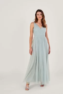 Monsoon Anne mesh maxi bridesmaid dress in recycled green