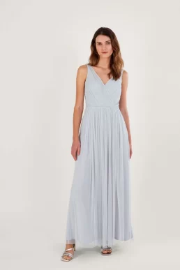 Monsoon Anne mesh maxi bridesmaid dress in recycled polyester silver
