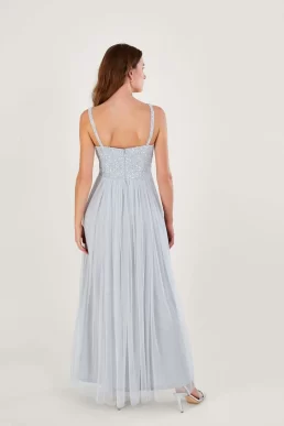 Monsoon Anne mesh maxi bridesmaid dress in recycled polyester silver