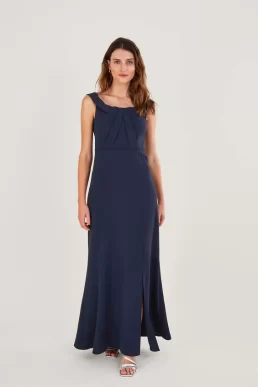 Monsoon Beatrice crepe bardot maxi bridesmaid dress navy blue