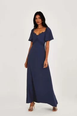 Monsoon Charlotte crepe maxi bridesmaid dress navy blue