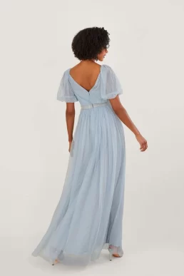 Monsoon Meghan mesh maxi bridesmaid dress in recycled blue