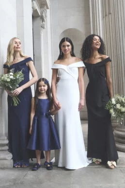 Monsoon Beatrice crepe bardot maxi bridesmaid dress navy blue