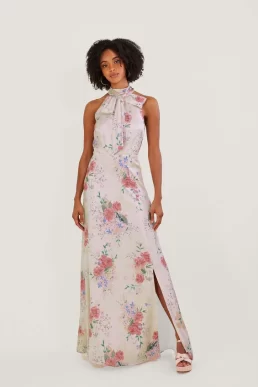 Monsoon Palmer floral satin maxi bridesmaid dress ivory, Blush pink Multi