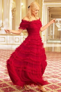 Needle & Thread Lisette Ruffle Off Shoulder Gown Red