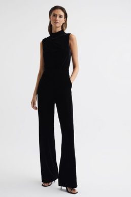 Reiss Diane Sleeveless Velvet Jumpsuit Black