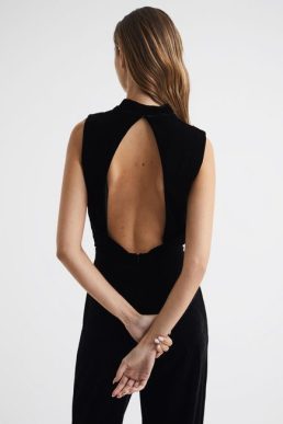 Reiss Diane Sleeveless Velvet Jumpsuit Black