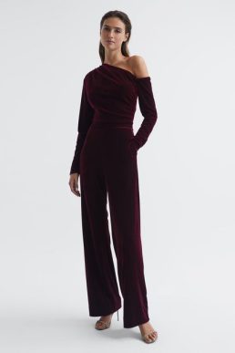 Reiss Ella Fitted Velvet Jumpsuit, Burgundy