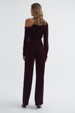 Reiss Ella Fitted Velvet Jumpsuit, Burgundy