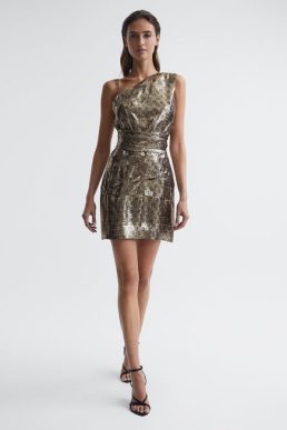 Reiss Frances Metallic Mini Dress Gold