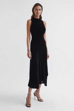 Reiss Giannon Velvet Midi Dress Black