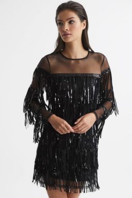 Reiss Josephine Fringe Sequin Sheer Mini Dress Black