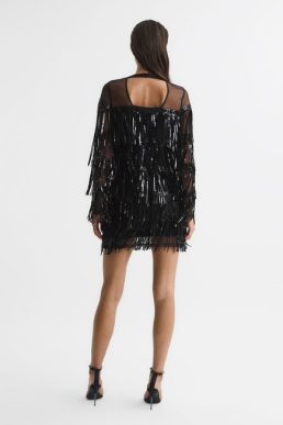 Reiss Josephine Fringe Sequin Sheer Mini Dress Black